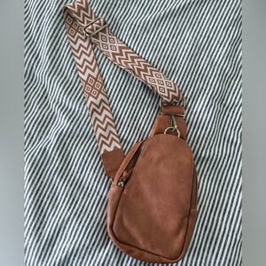 Anthropologie Tan Crossbody Bag with Patterned Strap
